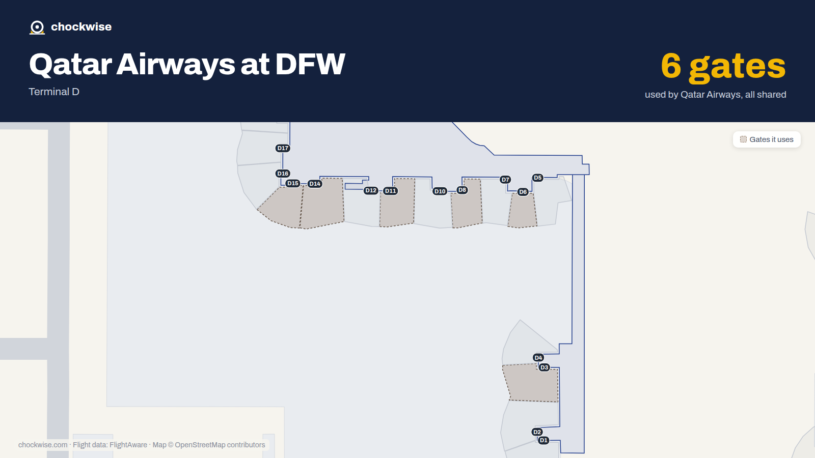 Map of DFW with the gates Qatar Airways uses highlighted: D3, D6, D8, D11, D14 and D15.