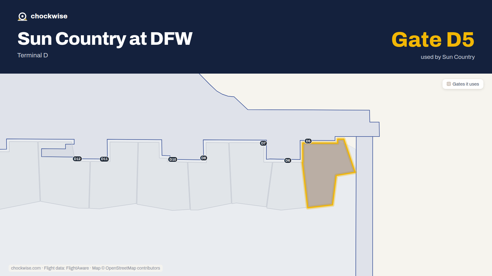 Map of DFW with the gates Sun Country Airlines uses highlighted: D5.