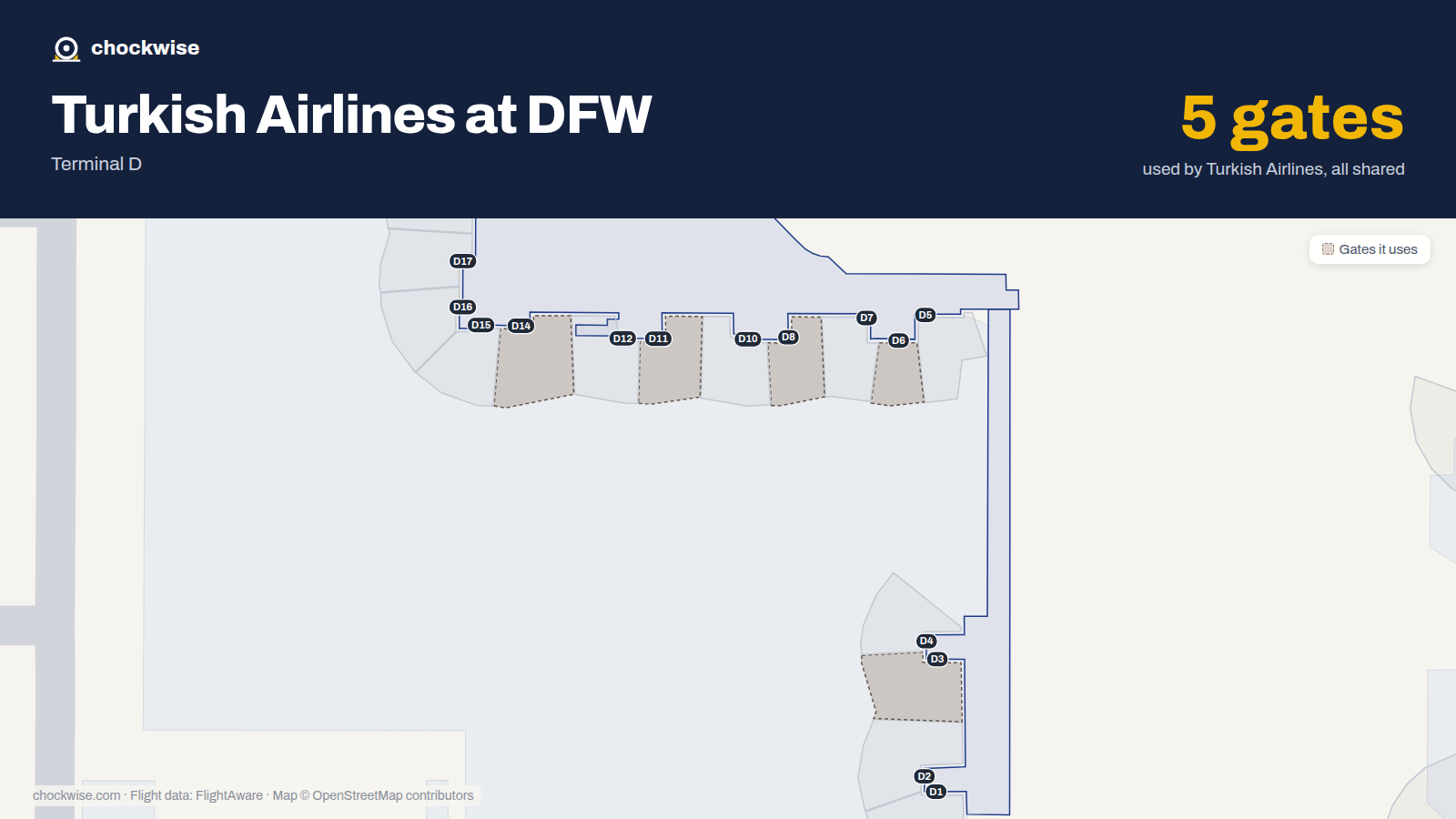 Map of DFW with the gates Turkish Airlines uses highlighted: D3, D6, D8, D11 and D14.
