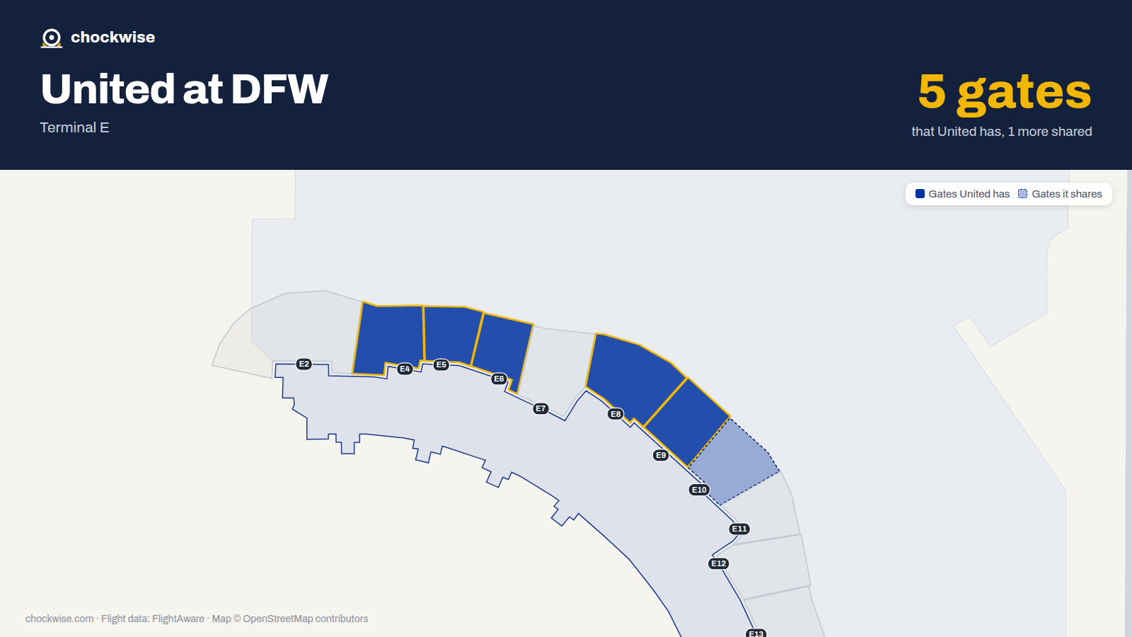 Map of DFW with the gates United Airlines uses highlighted: E4, E5, E6, E8 and E9.