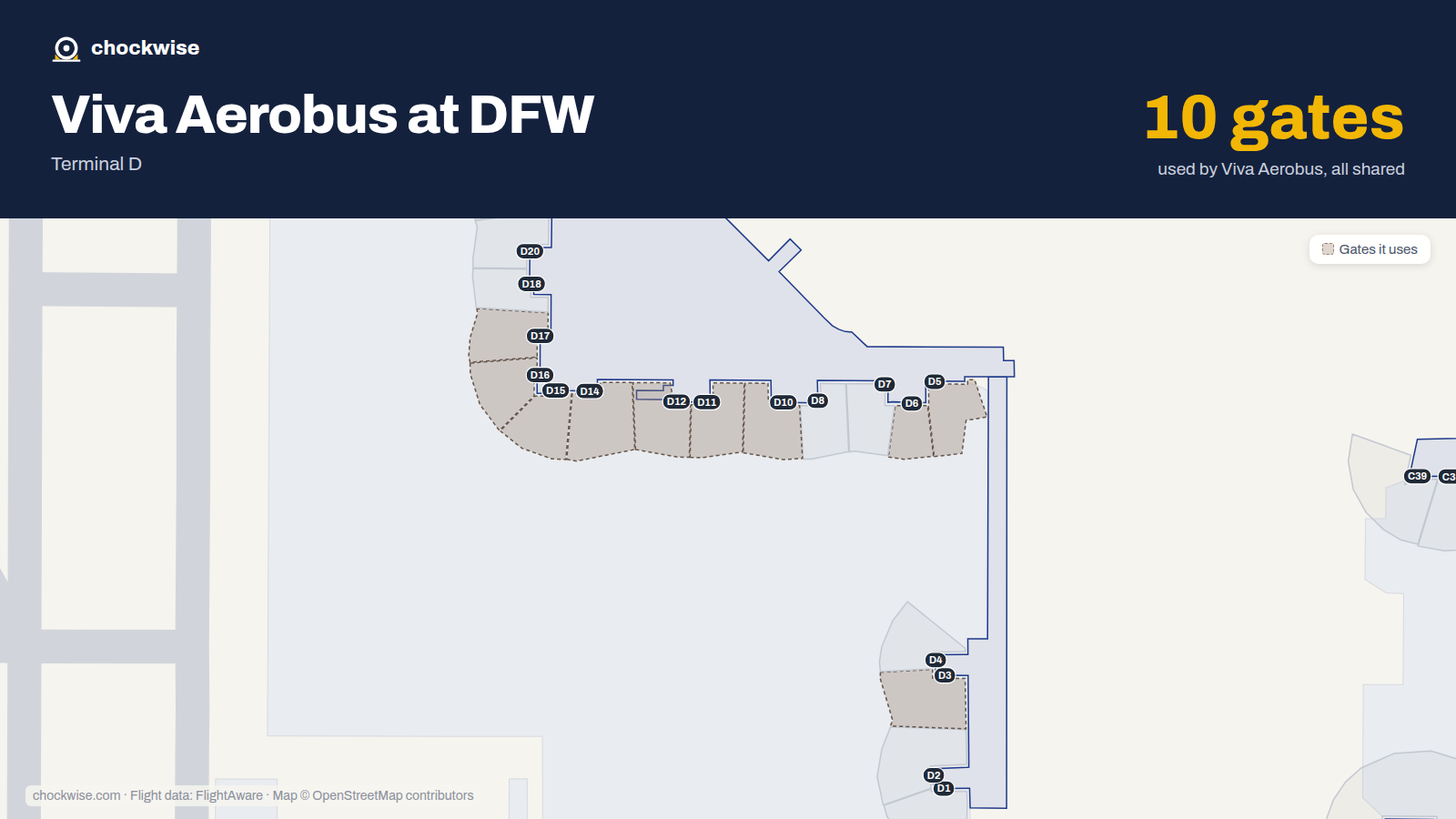 Map of DFW with the gates Viva Aerobus uses highlighted: D3, D5, D6, D10, D11, D12, D14, D15 and 2 more.