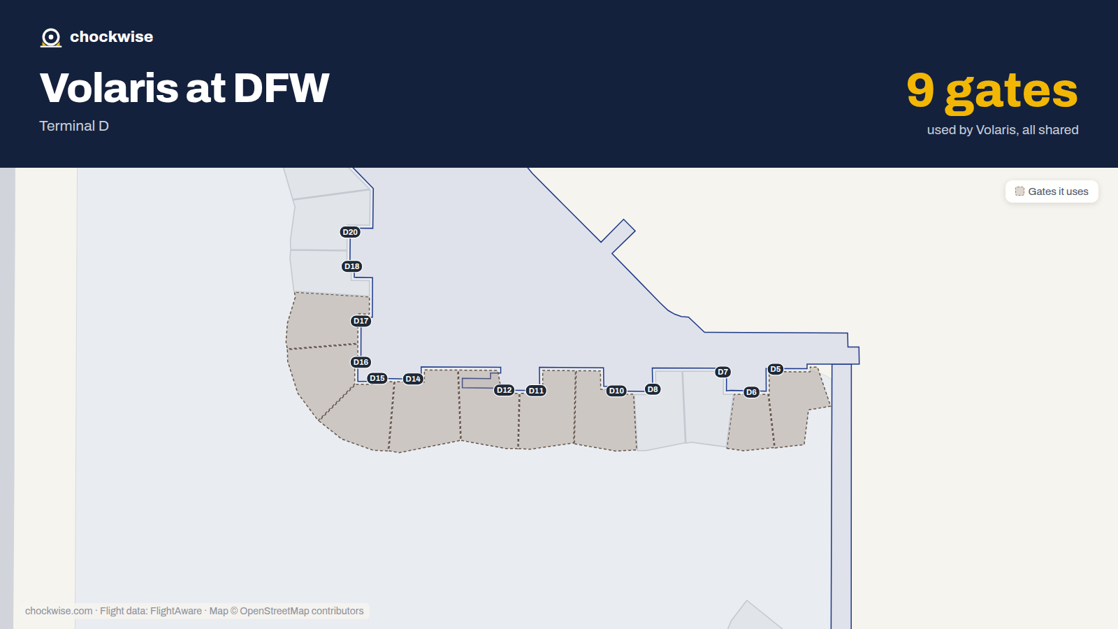 Map of DFW with the gates Volaris uses highlighted: D5, D6, D10, D11, D12, D14, D15, D16 and 1 more.