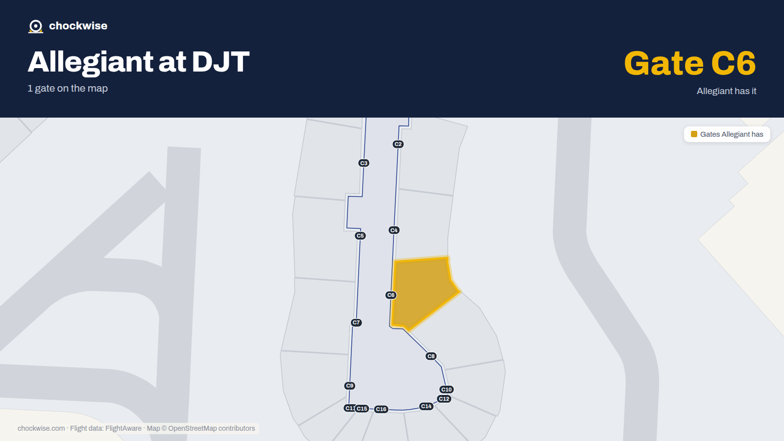 Map of DJT with the gates Allegiant Air uses highlighted: C6.
