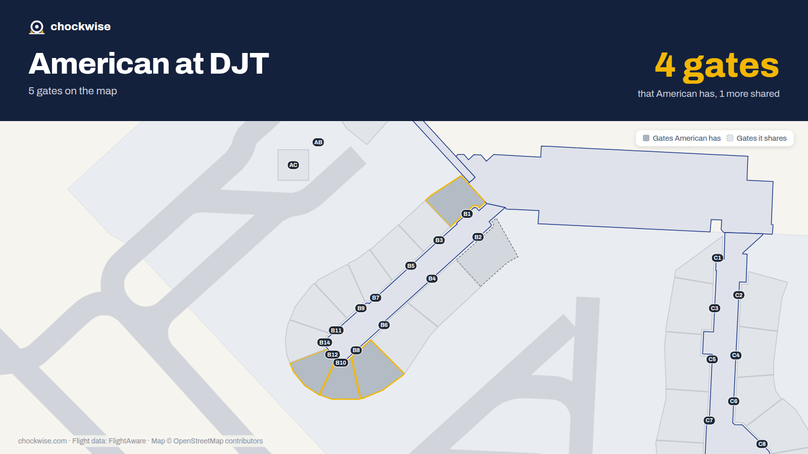 Map of DJT with the gates American Airlines uses highlighted: B1, B8, B10 and B12.