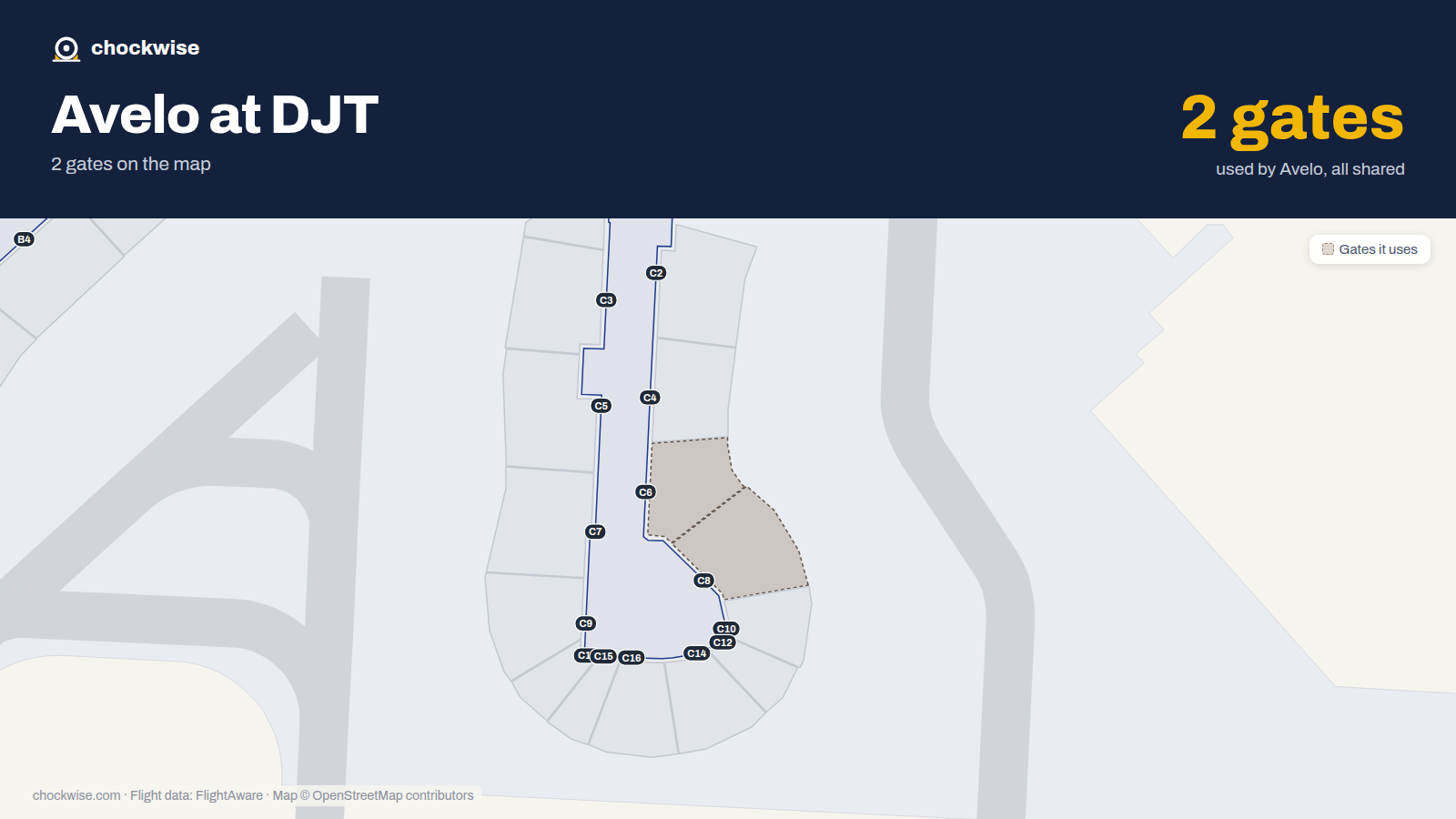 Map of DJT with the gates Avelo Airlines uses highlighted: C6 and C8.