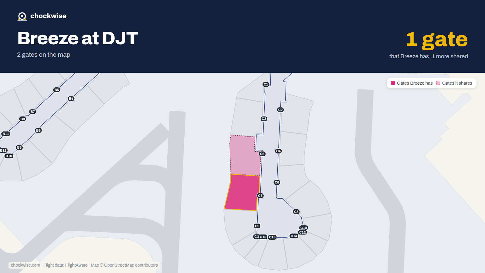 Map of DJT with the gates Breeze Airways uses highlighted: C7.