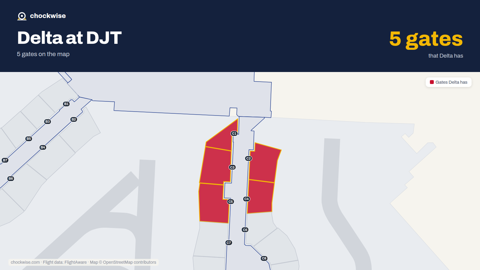 Map of DJT with the gates Delta Air Lines uses highlighted: C1, C2, C3, C4 and C5.
