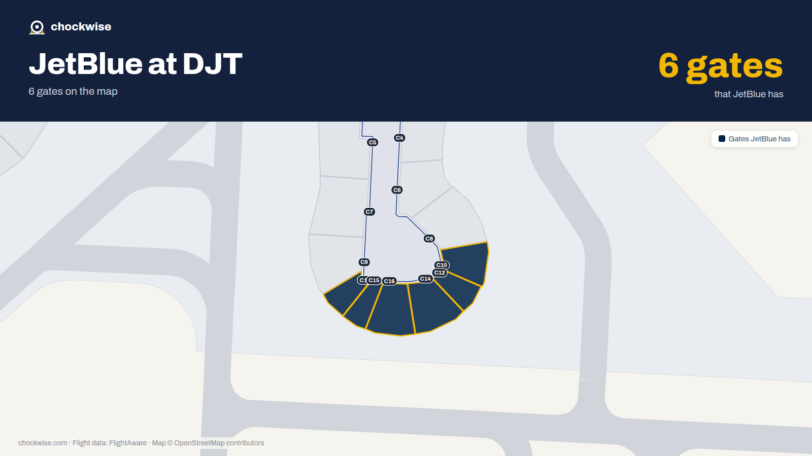 Map of DJT with the gates JetBlue uses highlighted: C10, C11, C12, C14, C15 and C16.