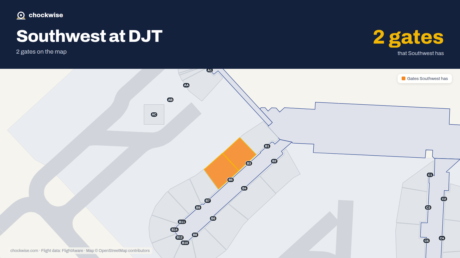 Map of DJT with the gates Southwest Airlines uses highlighted: B3 and B5.