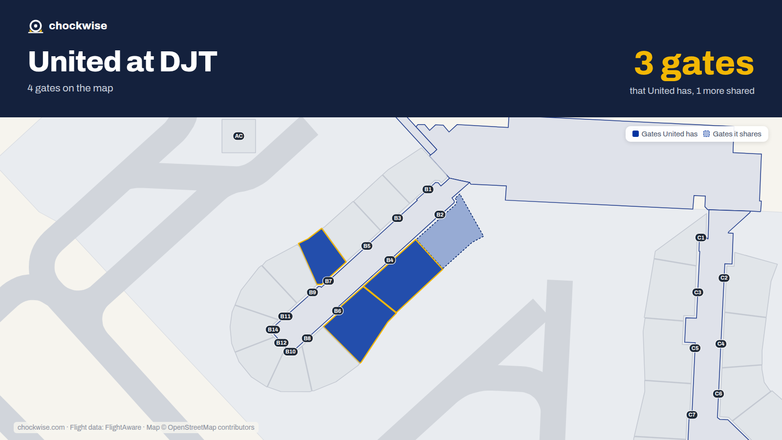 Map of DJT with the gates United Airlines uses highlighted: B4, B6 and B7.