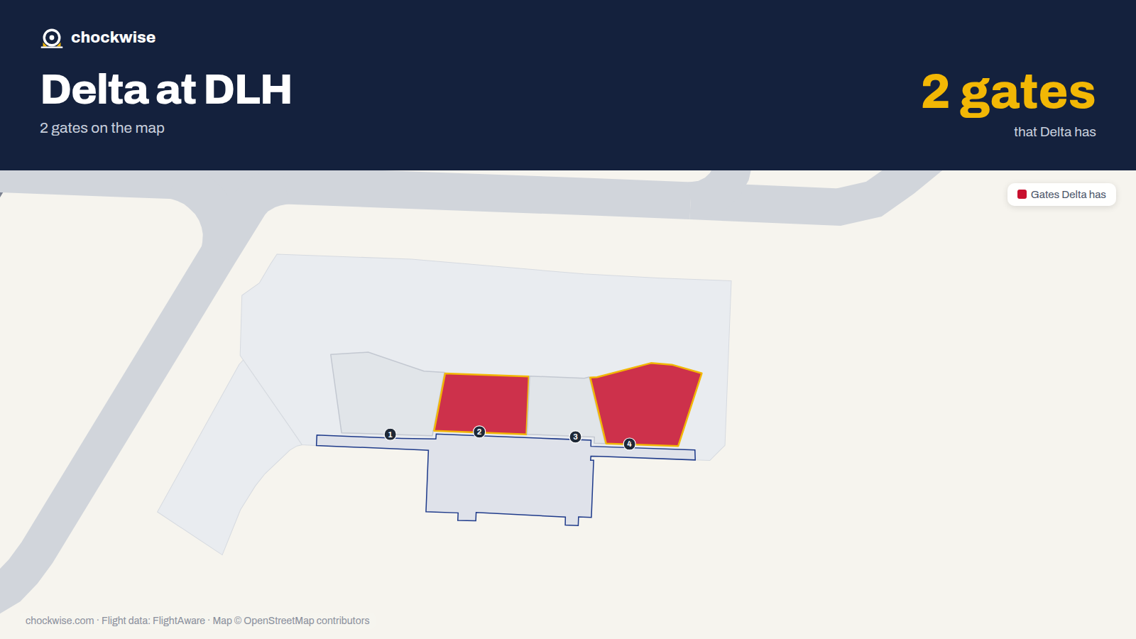 Map of DLH with the gates Delta Air Lines uses highlighted: 2 and 4.