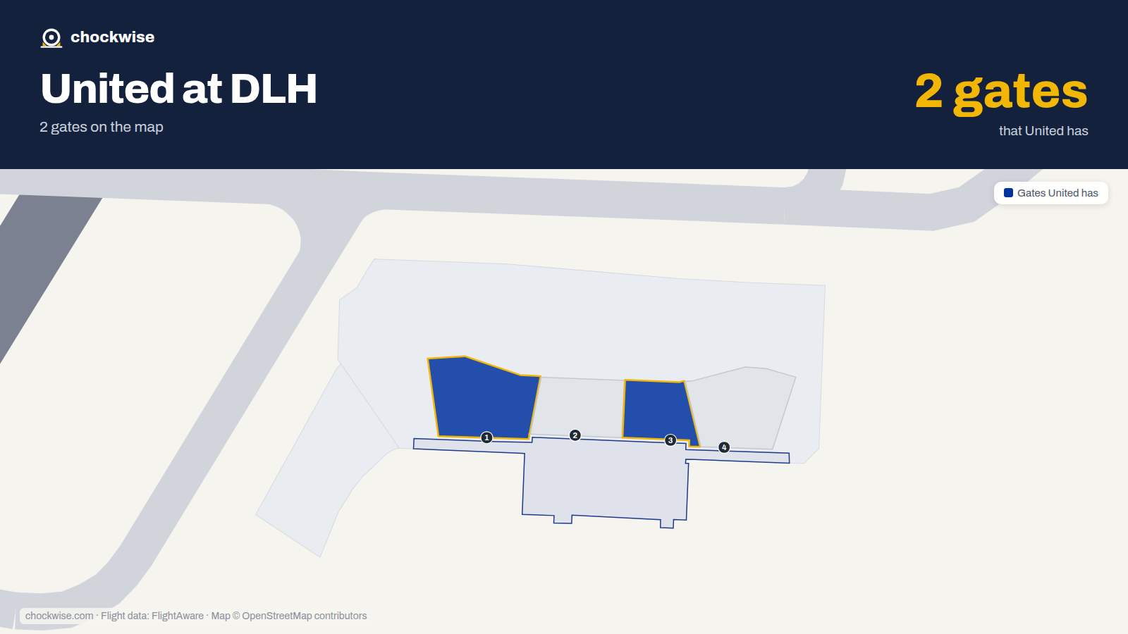 Map of DLH with the gates United Airlines uses highlighted: 1 and 3.