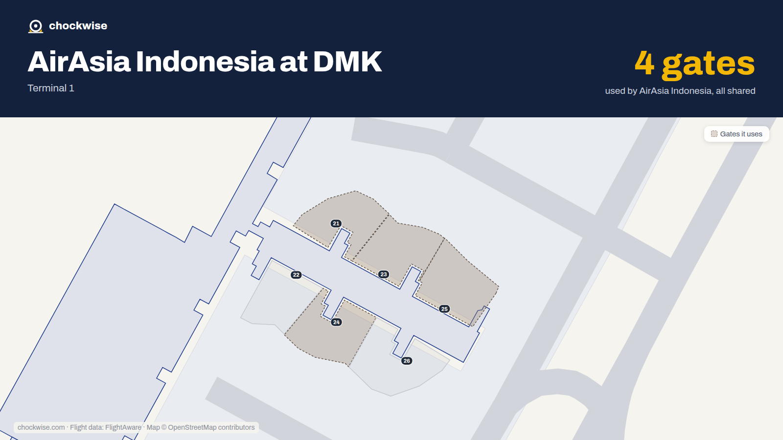 Map of DMK with the gates Indonesia AirAsia uses highlighted: 21, 23, 24 and 25.