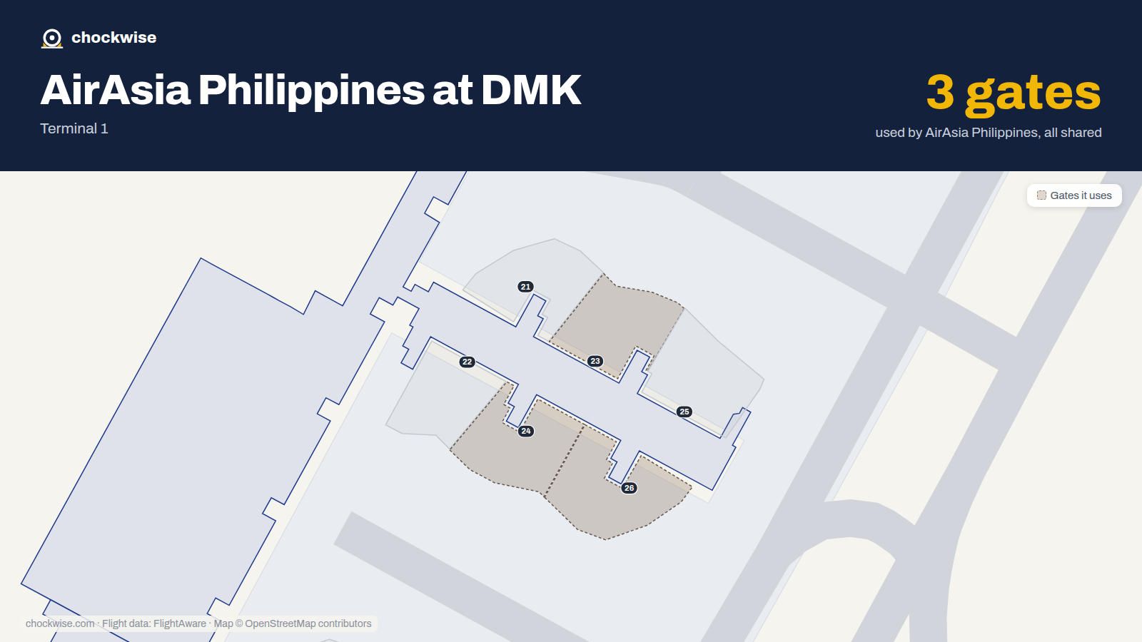 Map of DMK with the gates Philippines AirAsia uses highlighted: 23, 24 and 26.
