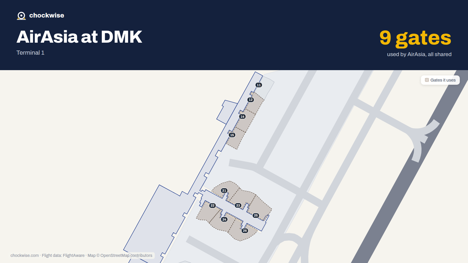 Map of DMK with the gates AirAsia uses highlighted: 12, 14, 15, 21, 22, 23, 24, 25 and 1 more.