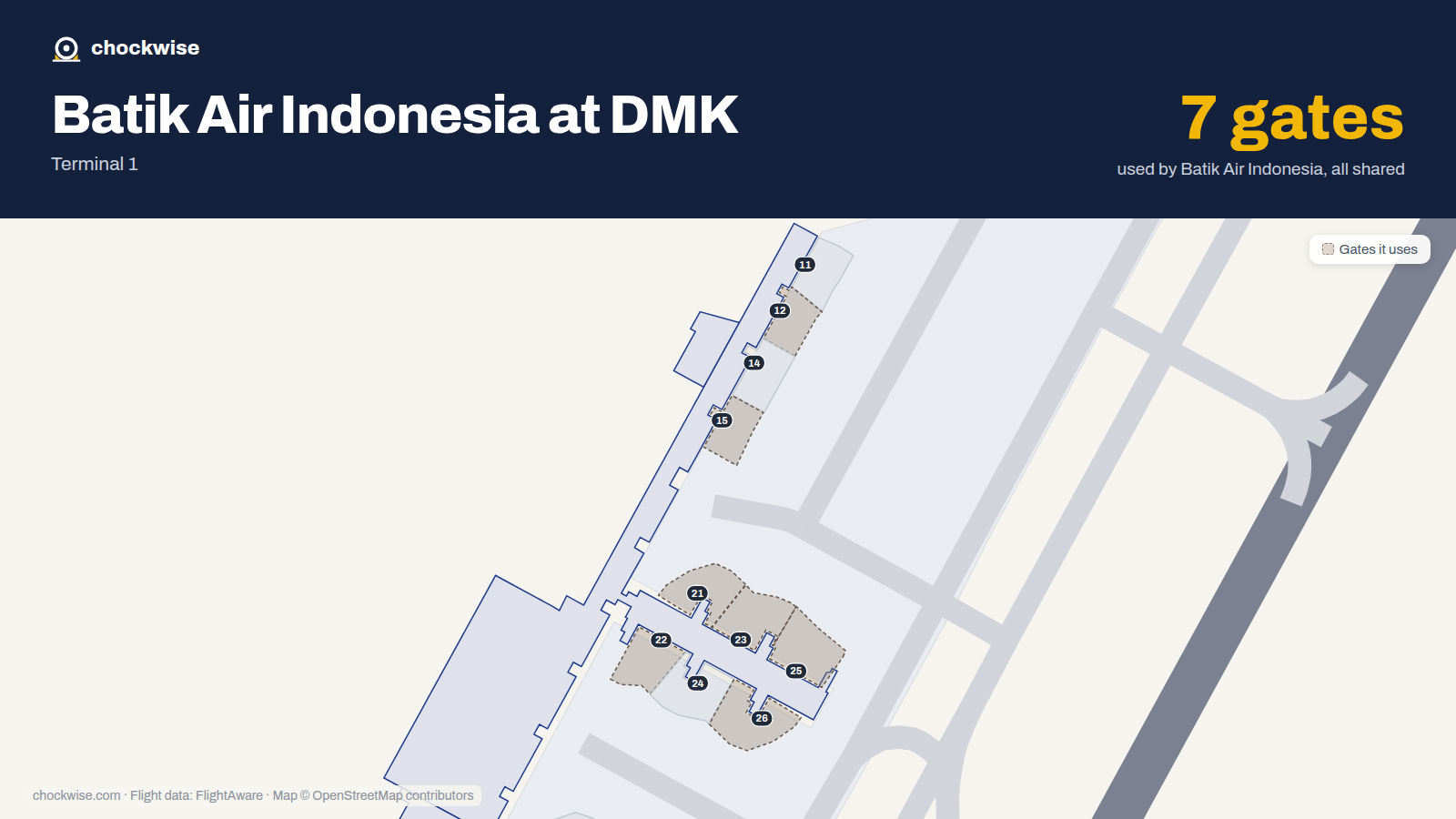 Map of DMK with the gates Batik Air Indonesia uses highlighted: 12, 15, 21, 22, 23, 25 and 26.