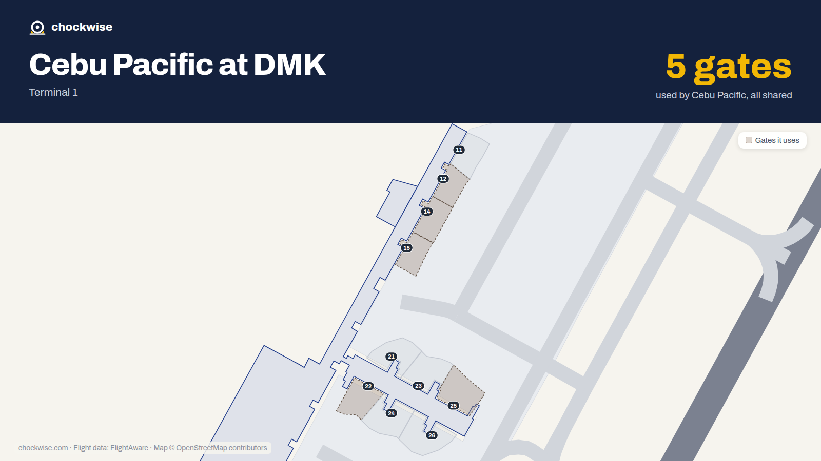 Map of DMK with the gates Cebu Pacific uses highlighted: 12, 14, 15, 22 and 25.