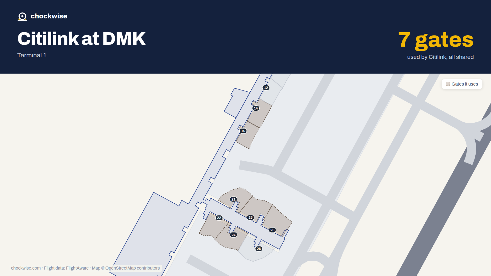 Map of DMK with the gates Citilink uses highlighted: 14, 15, 21, 22, 23, 24 and 25.