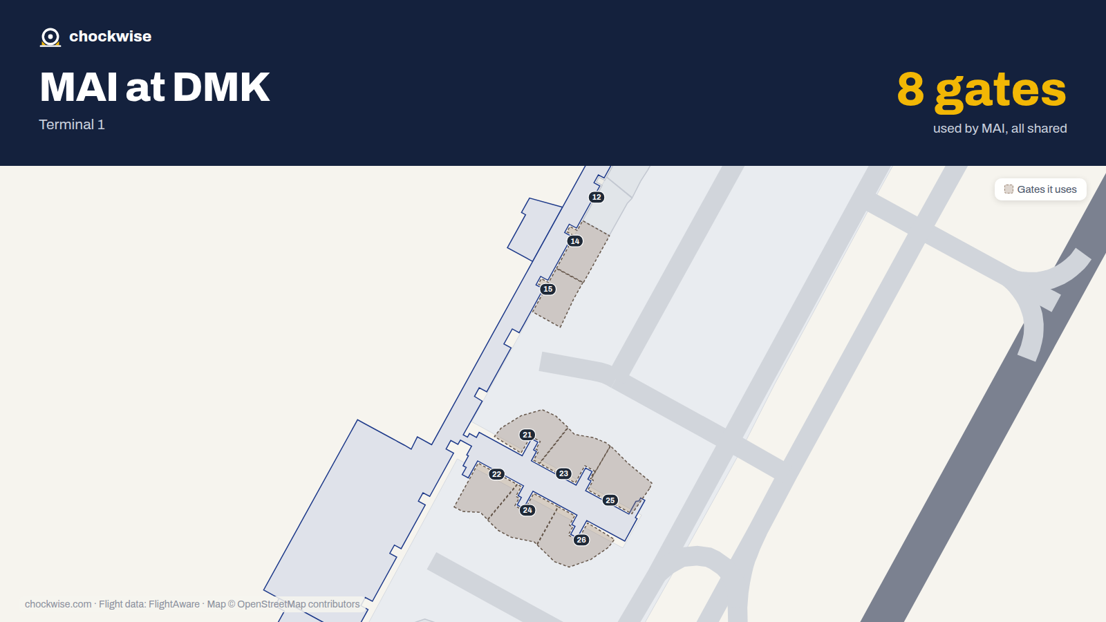 Map of DMK with the gates Myanmar Airways International uses highlighted: 14, 15, 21, 22, 23, 24, 25 and 26.