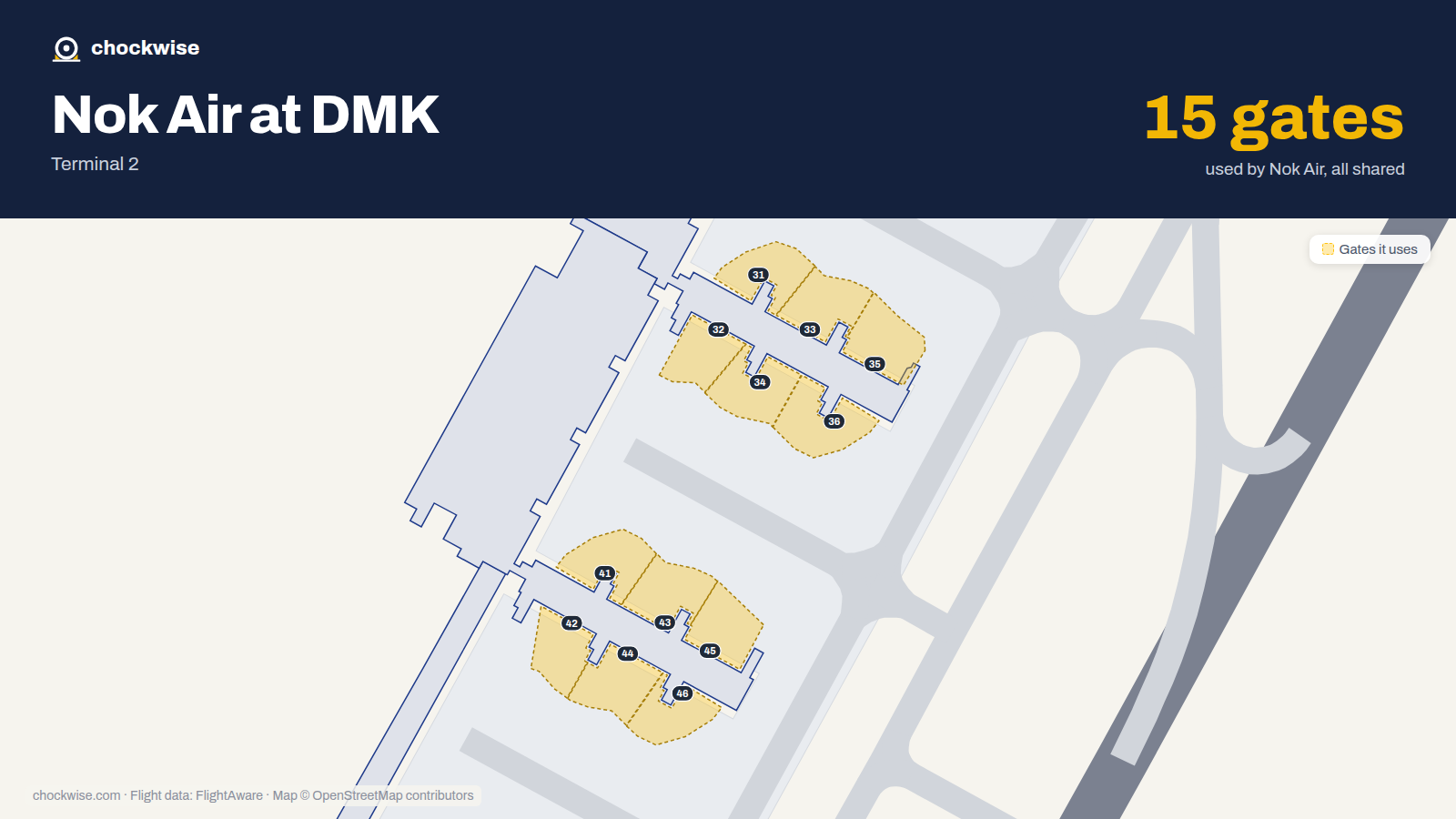 Map of DMK with the gates Nok Air uses highlighted: 31, 32, 33, 34, 35, 36, 41, 42 and 7 more.
