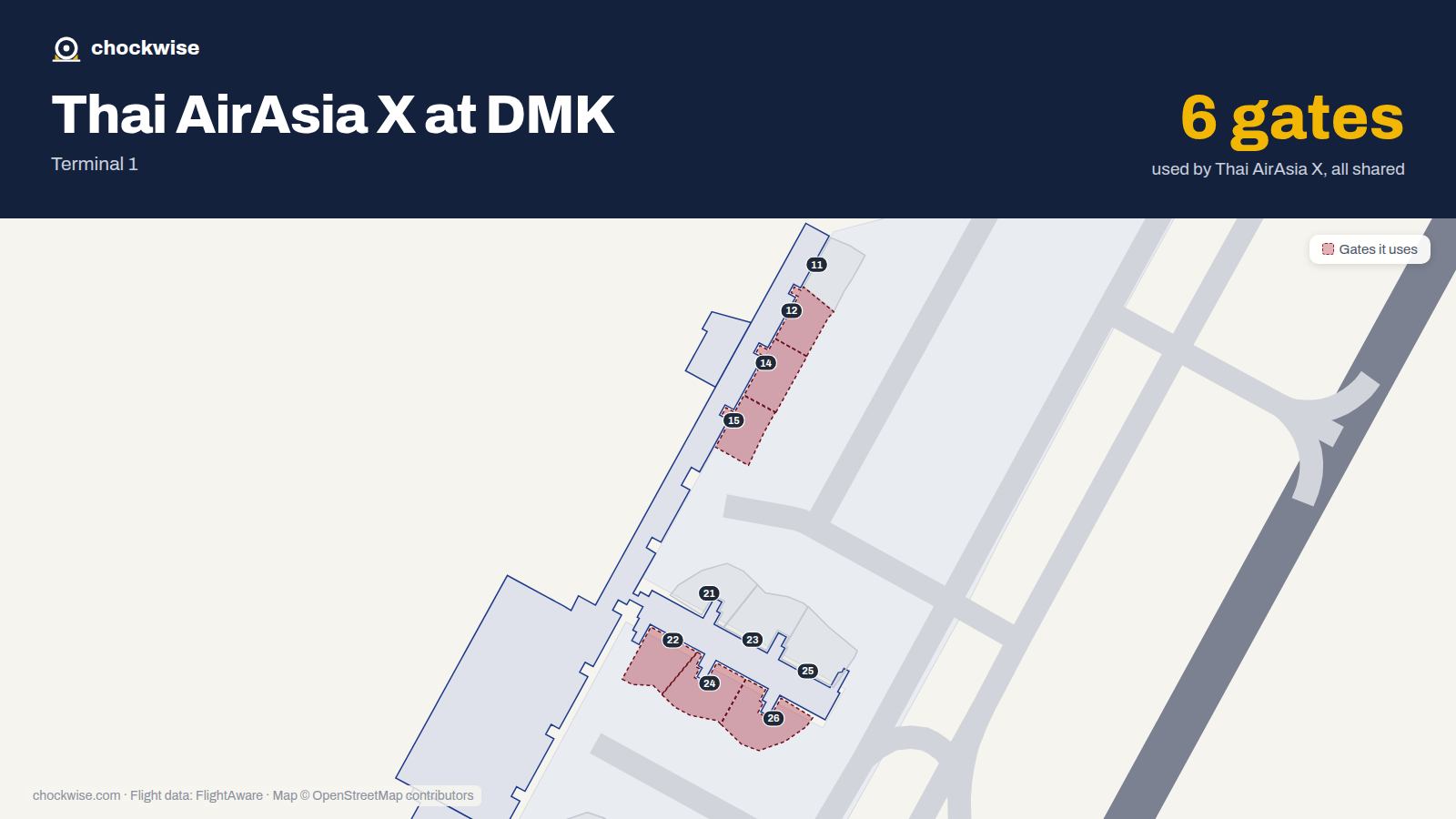 Map of DMK with the gates Thai AirAsia X uses highlighted: 12, 14, 15, 22, 24 and 26.