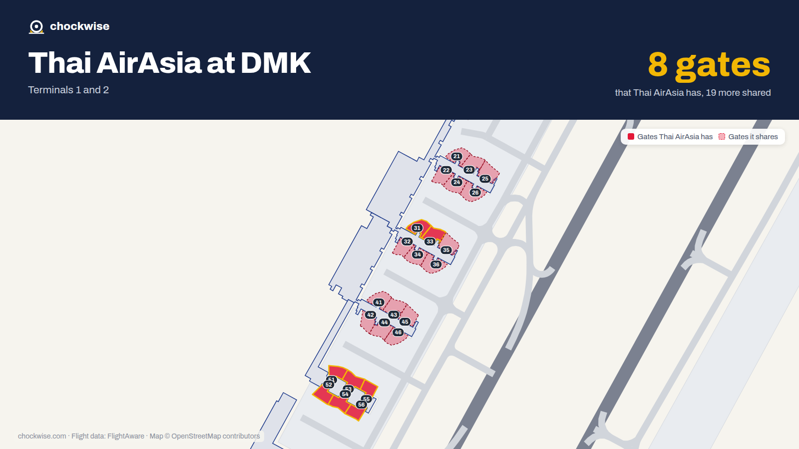 Map of DMK with the gates Thai AirAsia uses highlighted: 31, 33, 51, 52, 53, 54, 55 and 56.