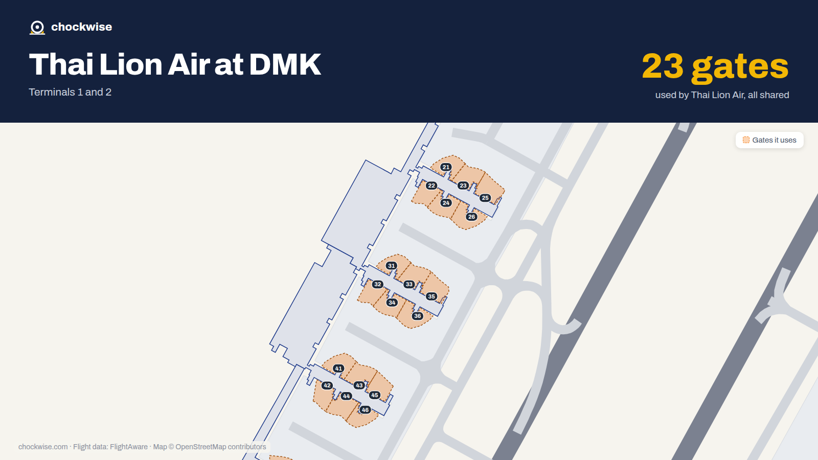 Map of DMK with the gates Thai Lion Air uses highlighted: 14, 15, 21, 22, 23, 24, 25, 26 and 15 more.