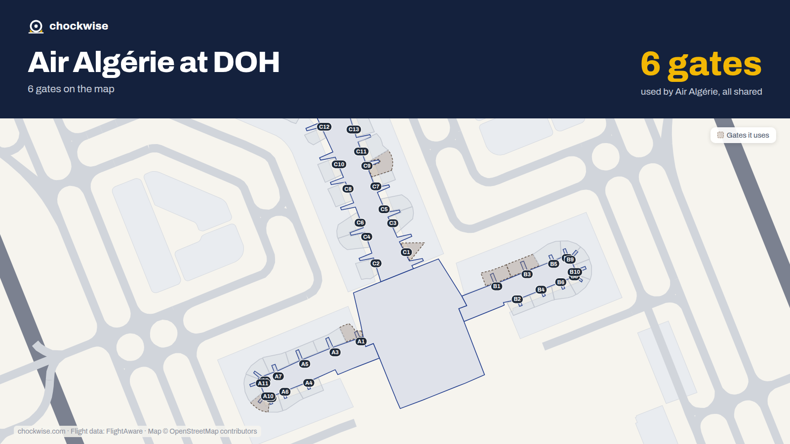 Map of DOH with the gates Air Algérie uses highlighted: A1, B1, C1, B3, C9 and A10.