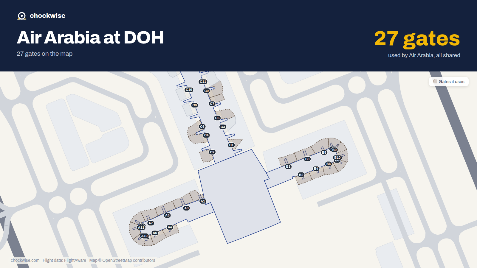 Map of DOH with the gates Air Arabia uses highlighted: A1, B1, C1, B2, C2, A3, B3, A4 and 19 more.