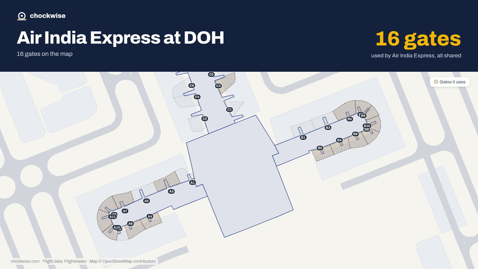 Map of DOH with the gates Air India Express uses highlighted: B2, A3, C3, A4, B4, B5, A6, B6 and 8 more.