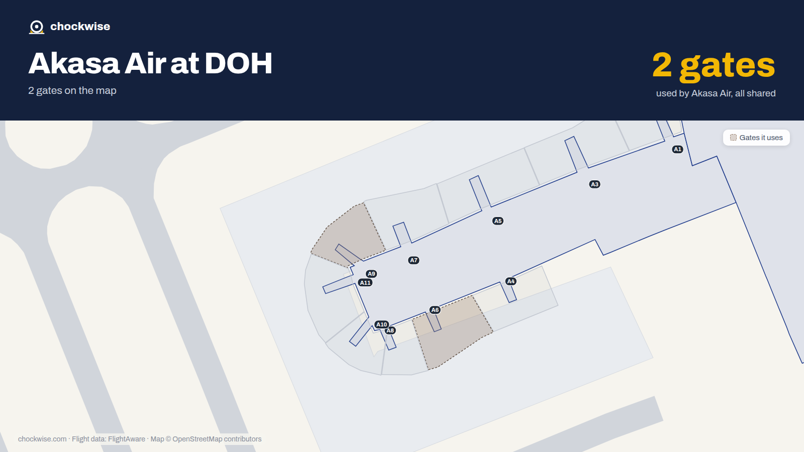Map of DOH with the gates Akasa Air uses highlighted: A6 and A9.