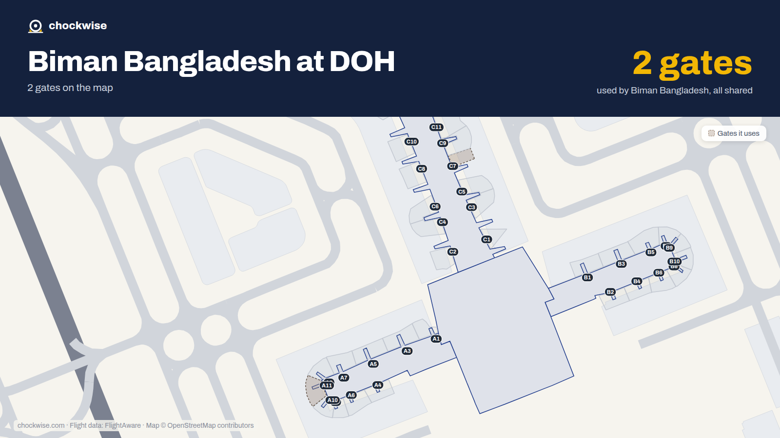 Map of DOH with the gates Biman Bangladesh Airlines uses highlighted: C7 and A11.