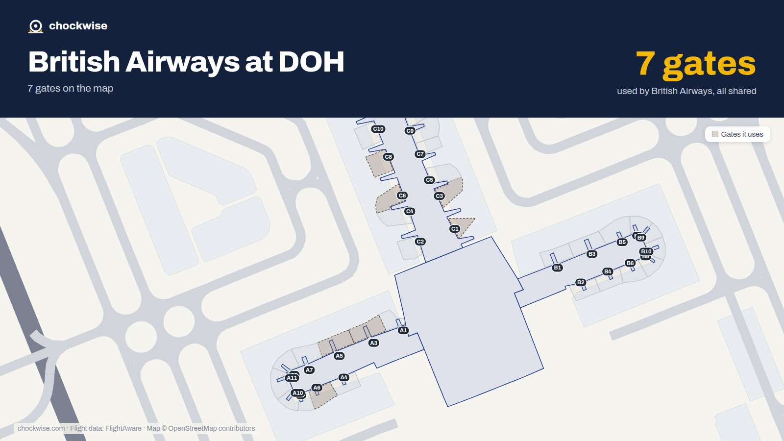 Map of DOH with the gates British Airways uses highlighted: C1, A3, C3, A5, A6, C6 and C8.