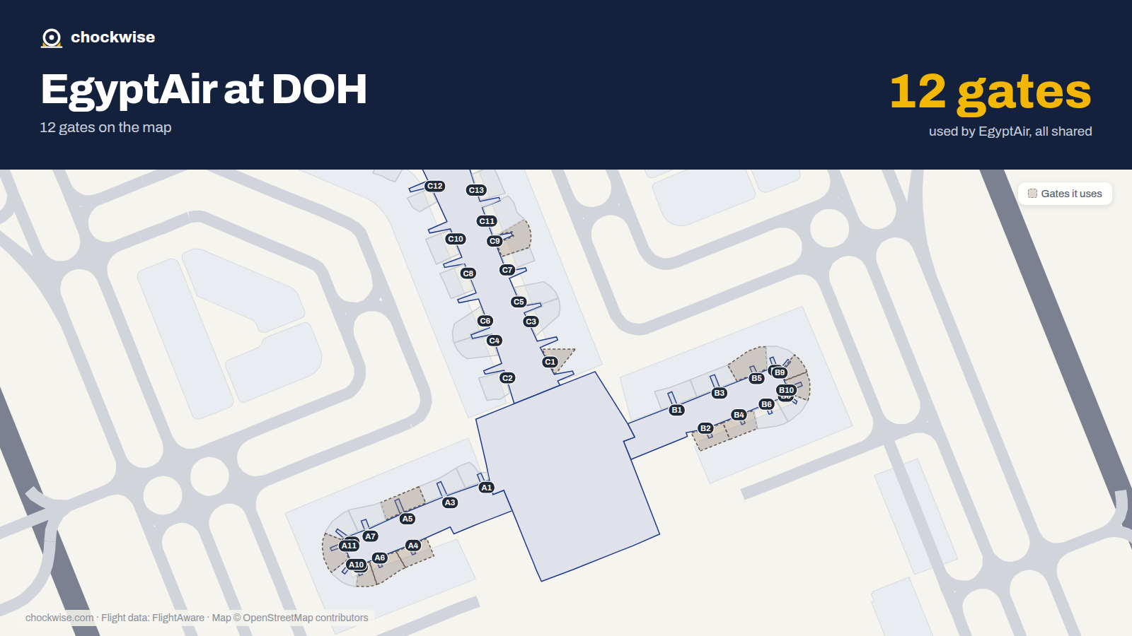 Map of DOH with the gates EgyptAir uses highlighted: C1, B2, A4, B4, A5, B5, A6, A8 and 4 more.