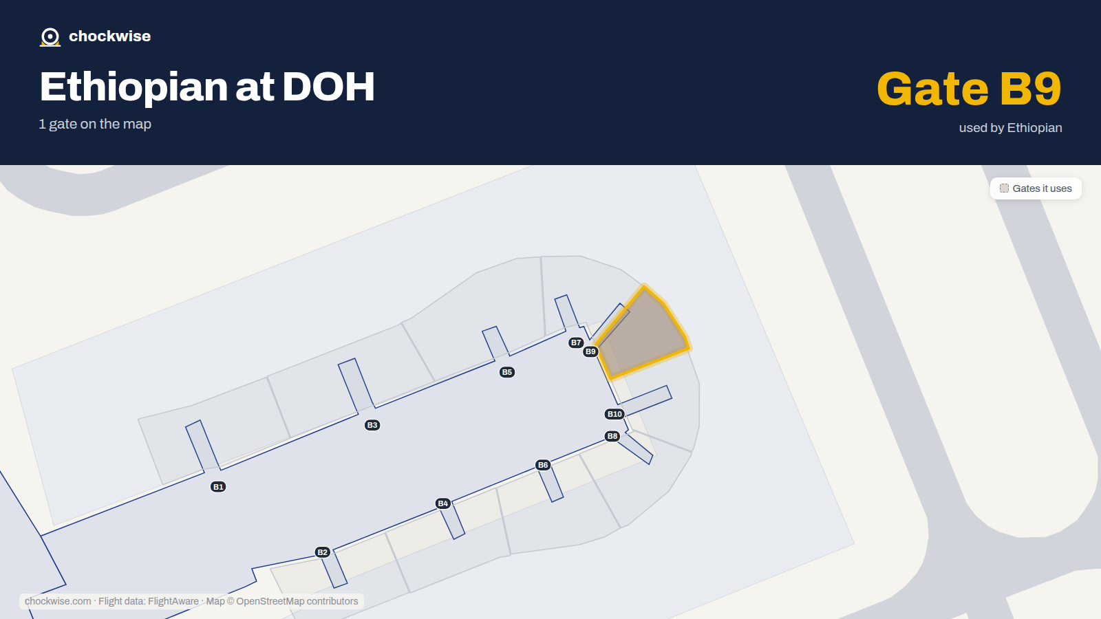 Map of DOH with the gates Ethiopian Airlines uses highlighted: B9.