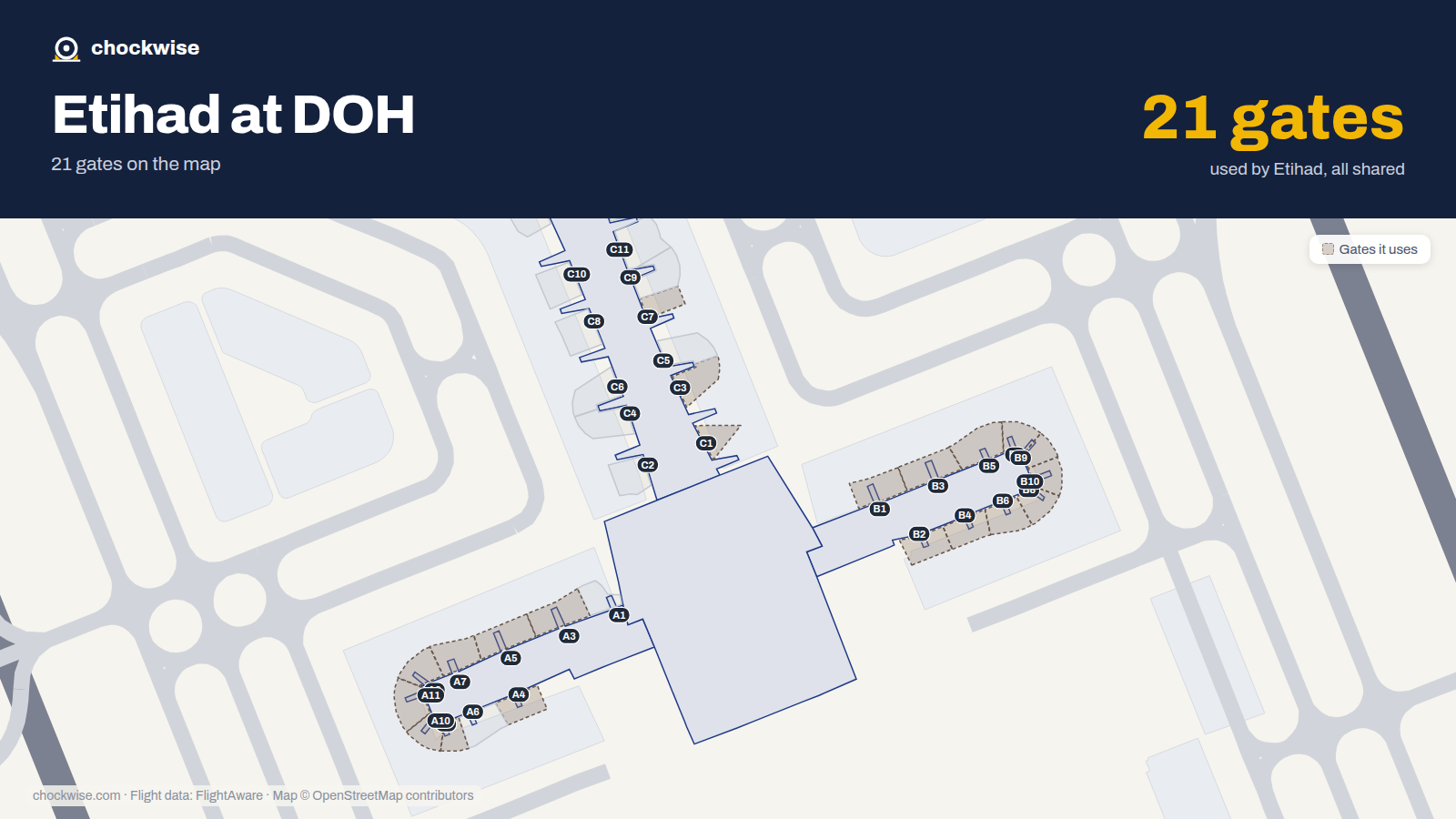 Map of DOH with the gates Etihad Airways uses highlighted: B1, C1, B2, A3, B3, C3, A4, B4 and 13 more.