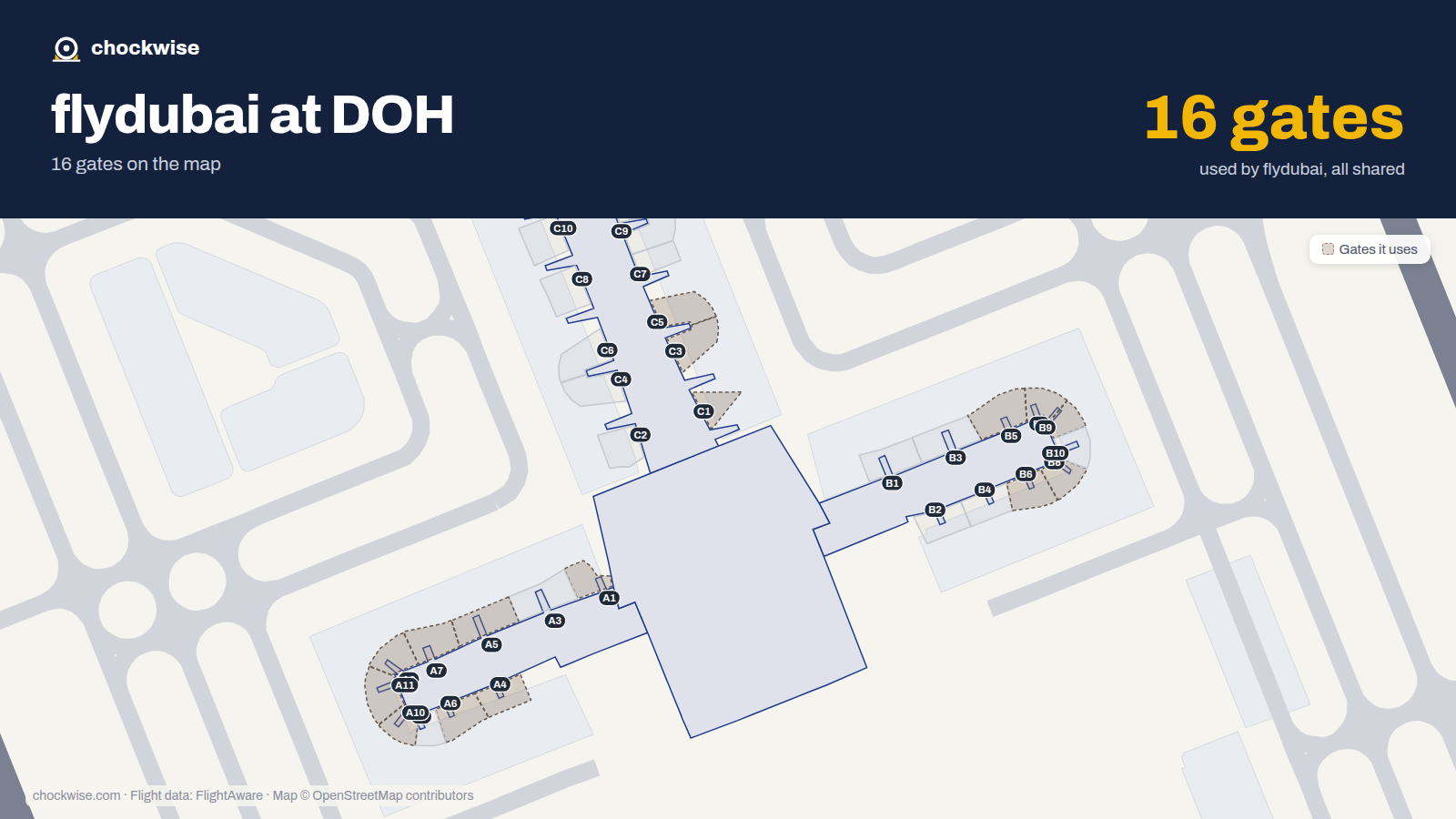 Map of DOH with the gates flydubai uses highlighted: A1, C1, C3, A4, A5, B5, C5, A6 and 8 more.
