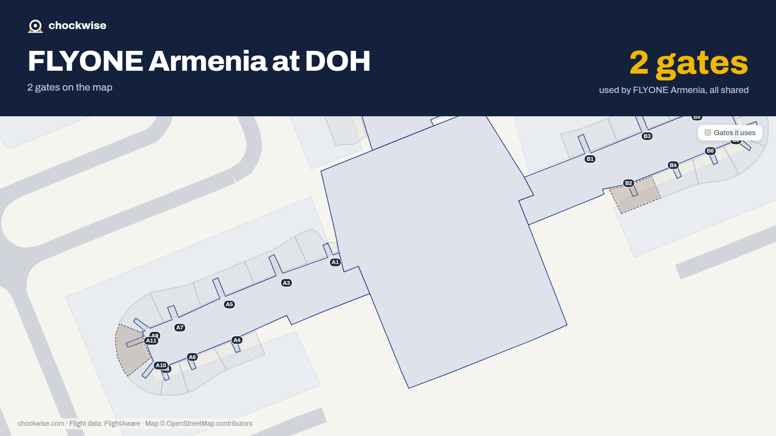 Map of DOH with the gates FLYONE Armenia uses highlighted: B2 and A11.