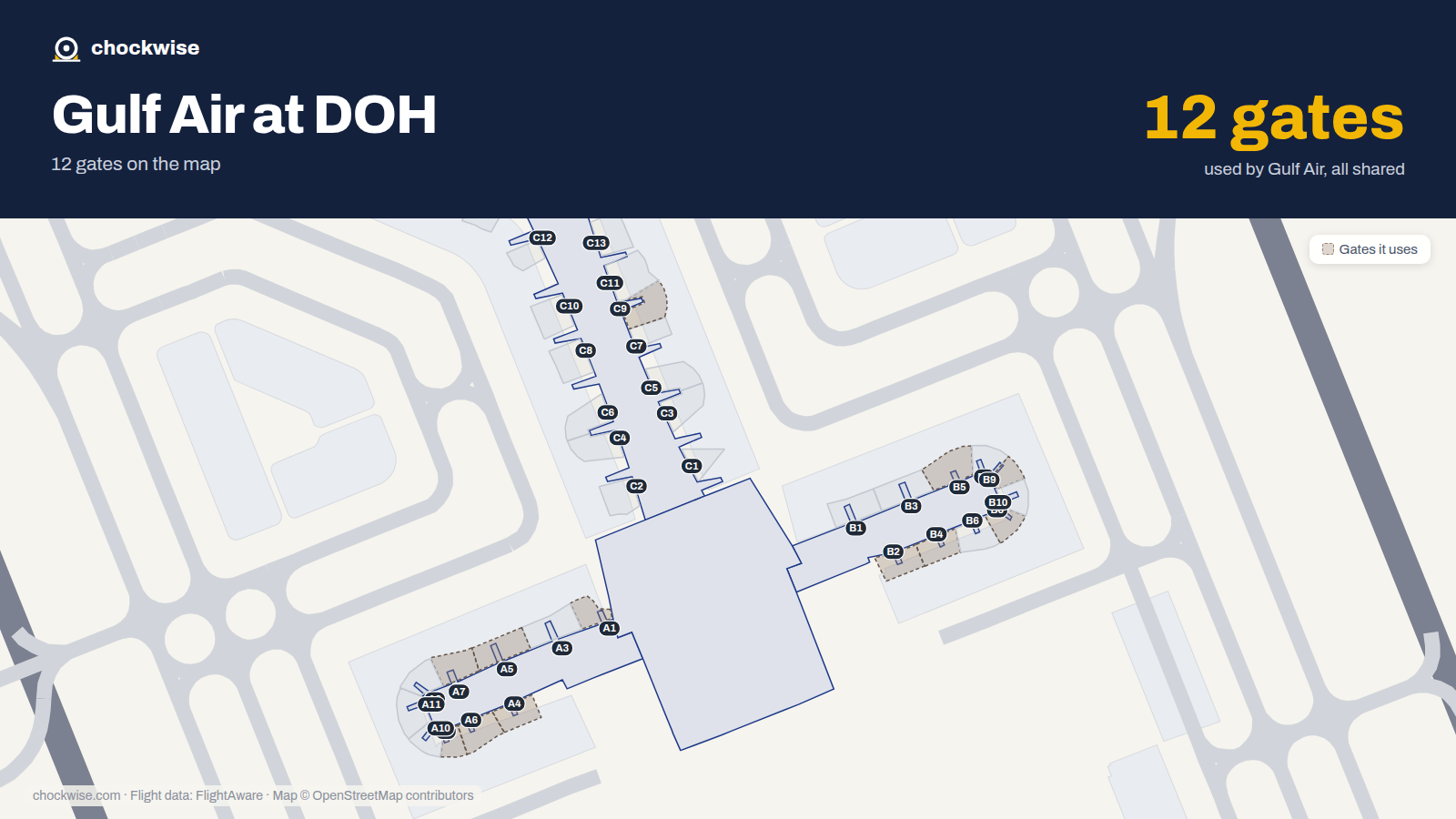 Map of DOH with the gates Gulf Air uses highlighted: A1, B2, A4, B4, A5, B5, A6, A7 and 4 more.