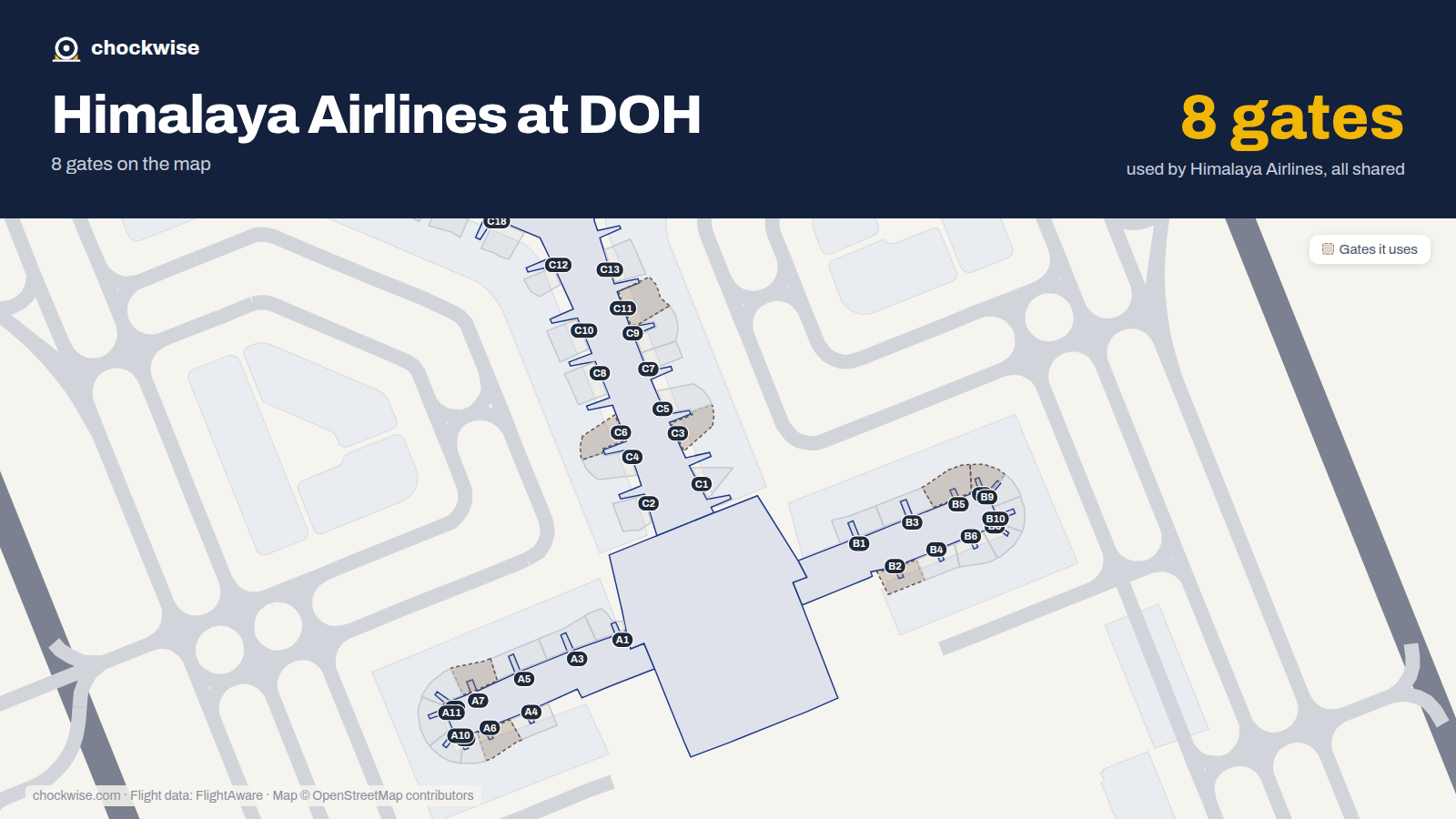 Map of DOH with the gates Himalaya Airlines uses highlighted: B2, C3, B5, A6, C6, A7, B7 and C11.