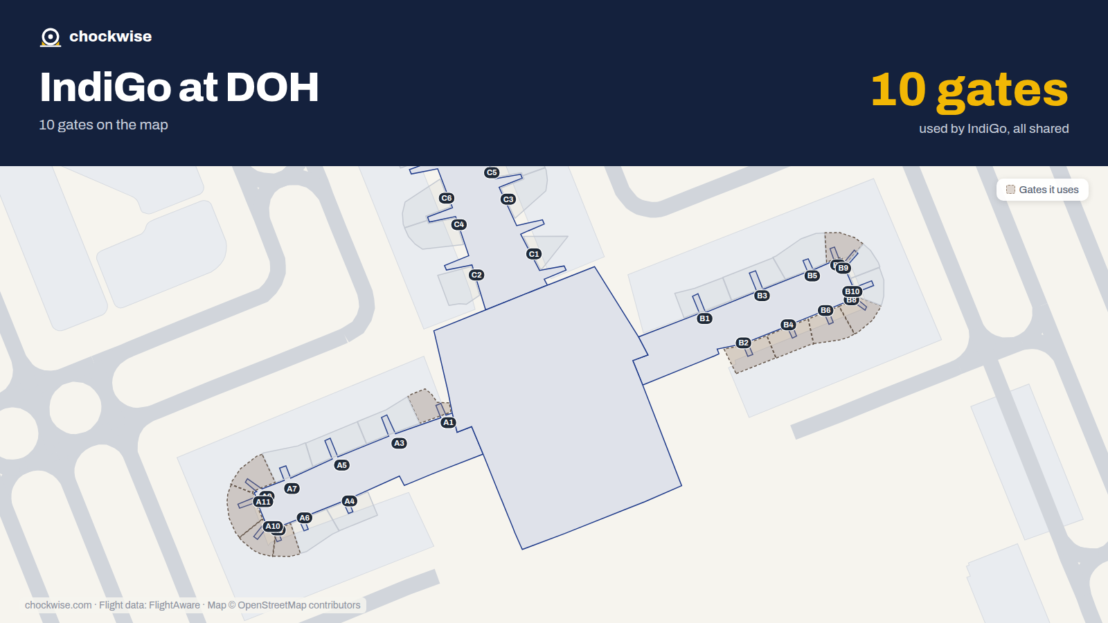 Map of DOH with the gates IndiGo uses highlighted: A1, B2, B4, B6, B7, A8, B8, A9 and 2 more.
