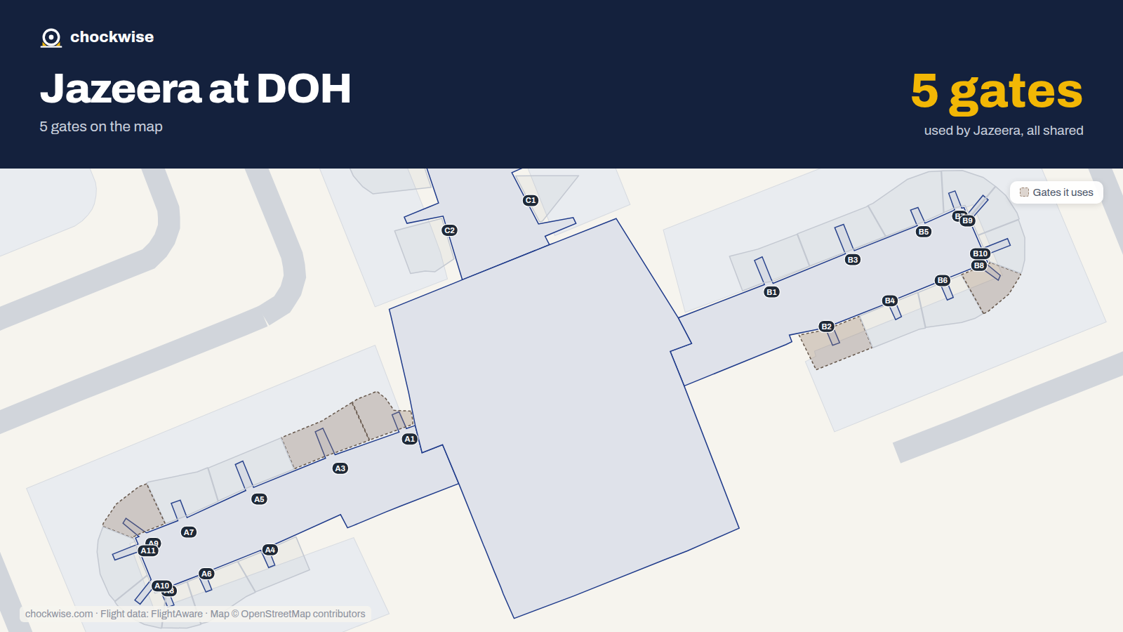 Map of DOH with the gates Jazeera Airways uses highlighted: A1, B2, A3, B8 and A9.