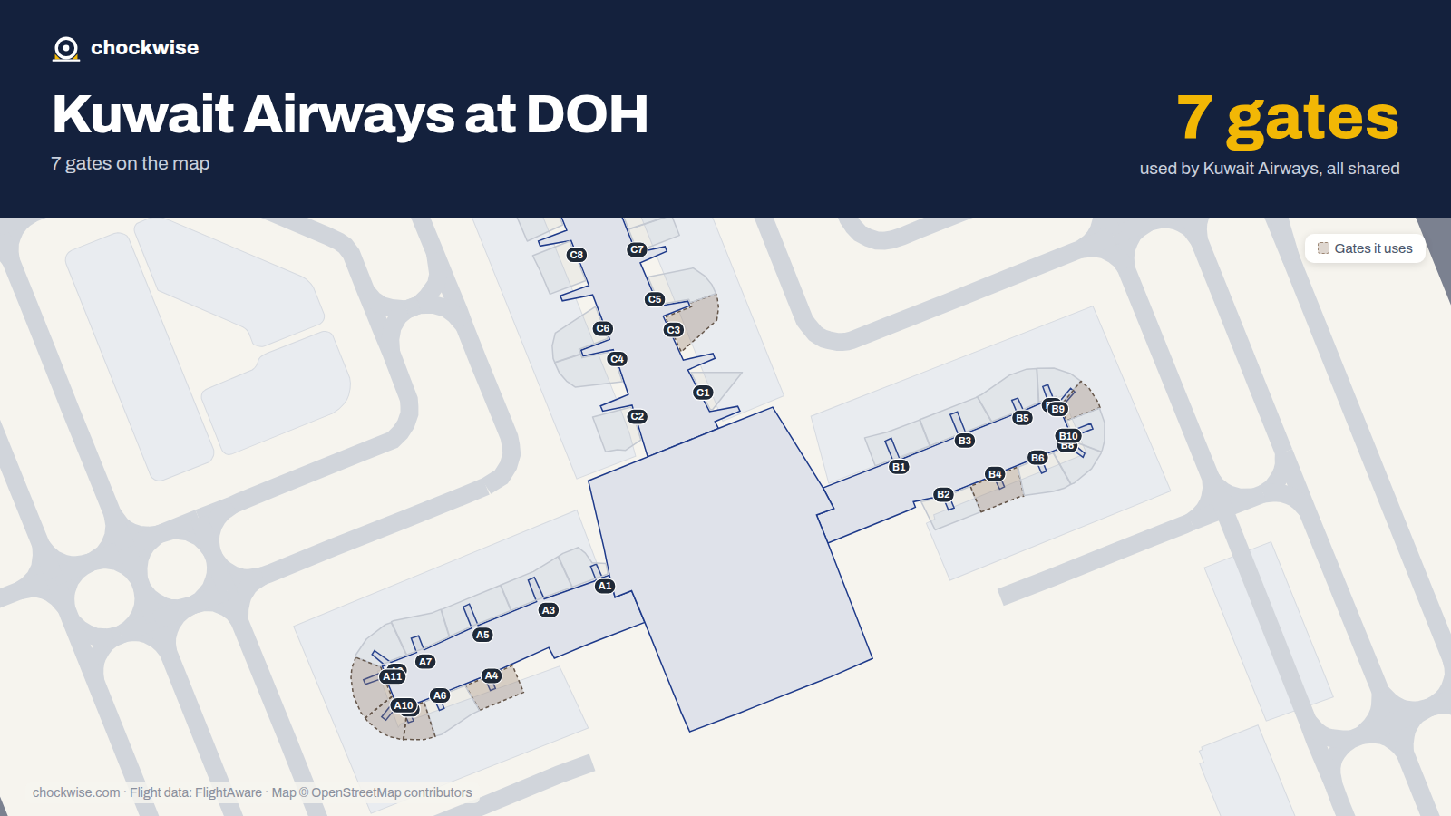 Map of DOH with the gates Kuwait Airways uses highlighted: C3, A4, B4, A8, B9, A10 and A11.