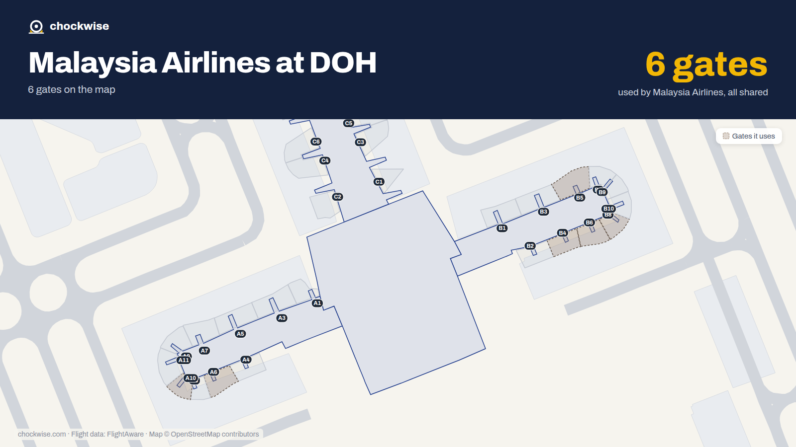 Map of DOH with the gates Malaysia Airlines uses highlighted: B4, B5, A6, B6, B8 and A10.
