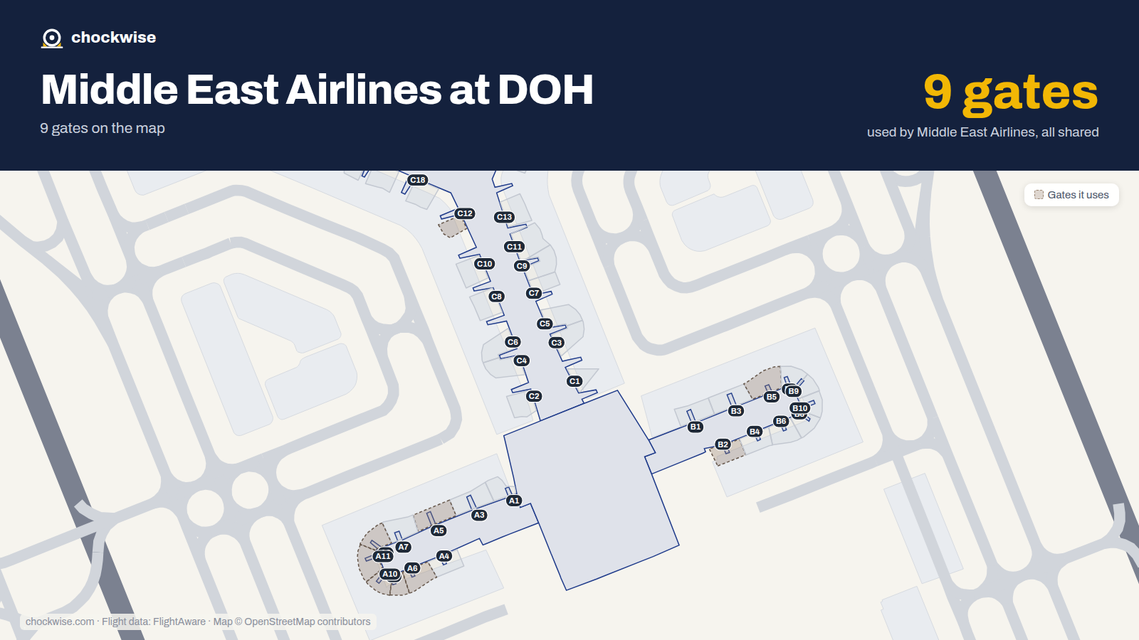 Map of DOH with the gates Middle East Airlines uses highlighted: B2, A5, B5, A6, A8, A9, A10, A11 and 1 more.