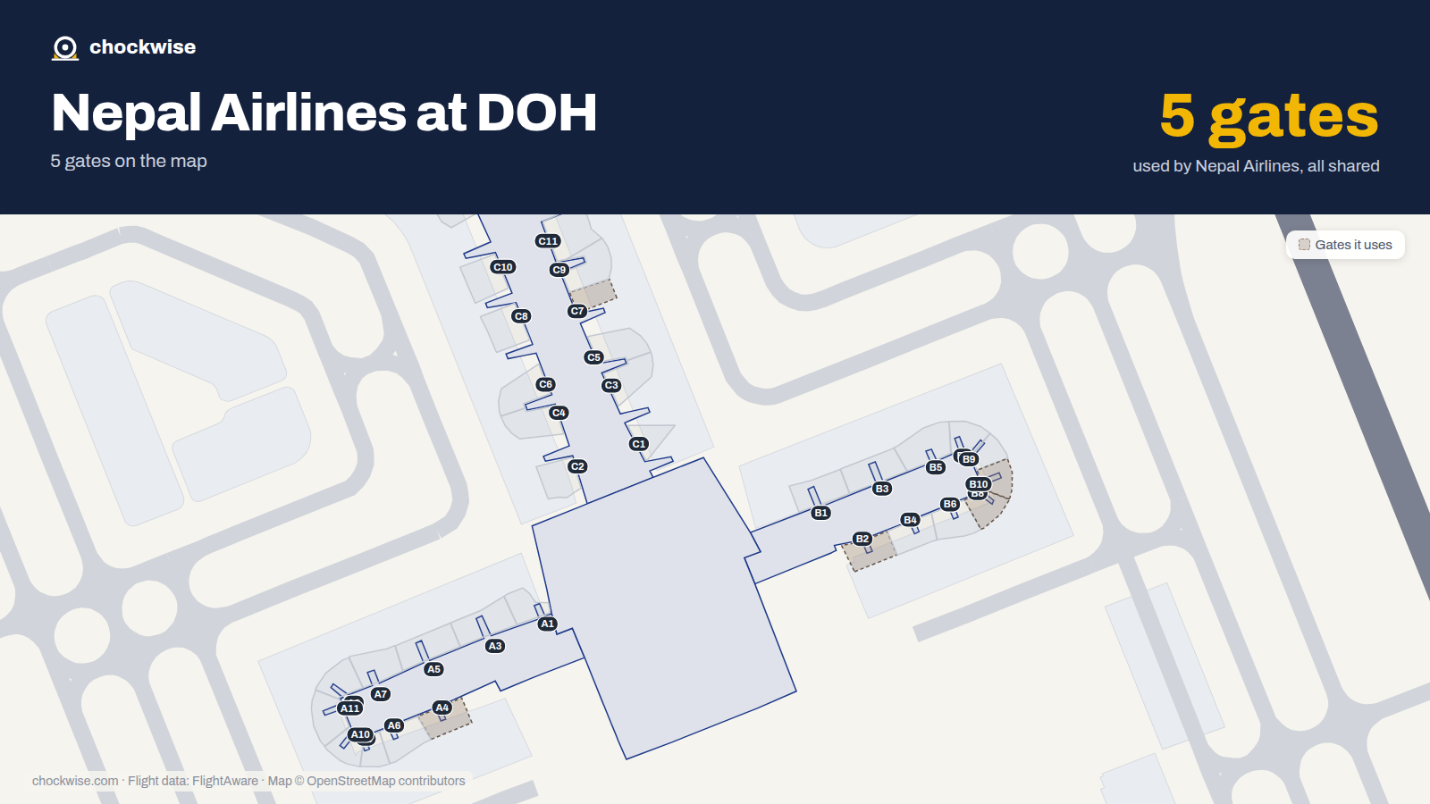 Map of DOH with the gates Nepal Airlines uses highlighted: B2, A4, C7, B8 and B10.