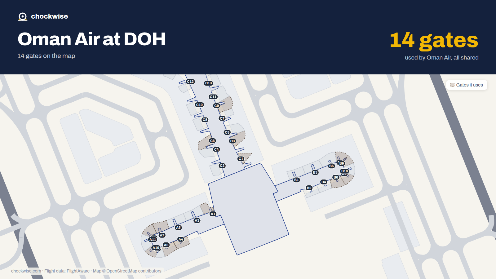 Map of DOH with the gates Oman Air uses highlighted: A1, C1, C3, A4, A6, B6, C6, A7 and 6 more.