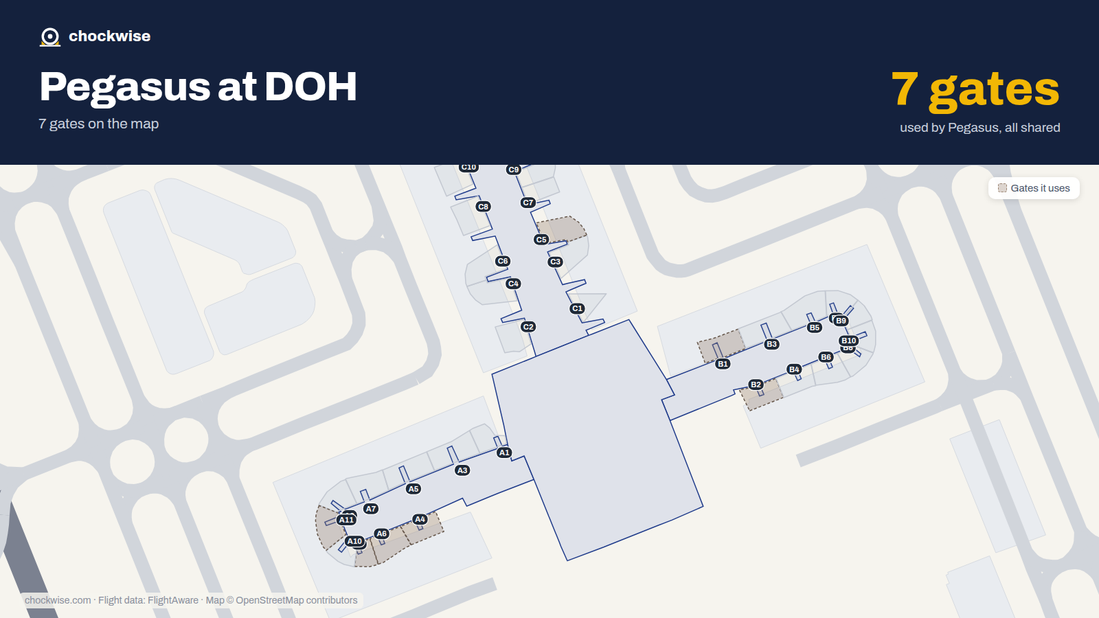 Map of DOH with the gates Pegasus Airlines uses highlighted: B1, B2, A4, C5, A6, A8 and A11.