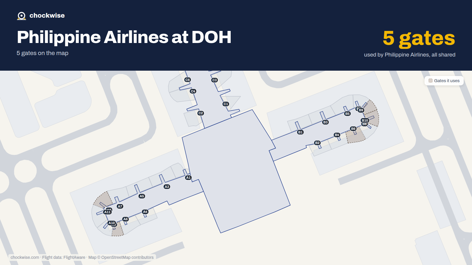 Map of DOH with the gates Philippine Airlines uses highlighted: B6, A8, A9, B9 and B10.
