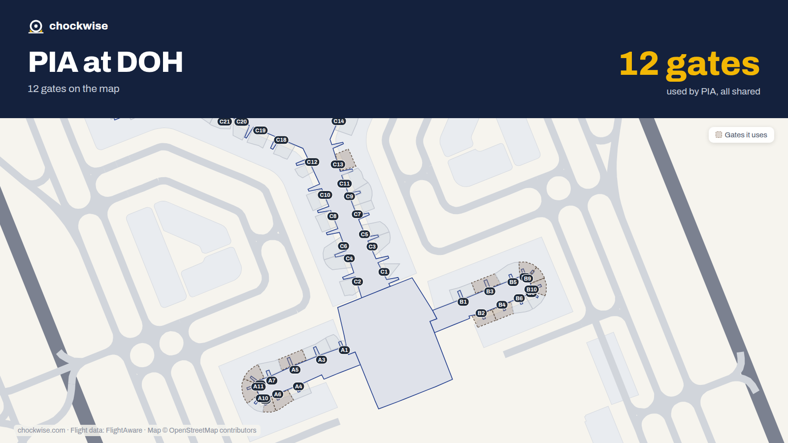 Map of DOH with the gates Pakistan International Airlines uses highlighted: B2, B3, B4, A5, A6, B7, A8, A9 and 4 more.